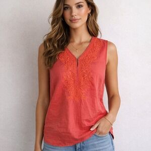 Elie Tahari Linen Top Embroidered Coral Sleeveless V Neck High Low Sz Medium